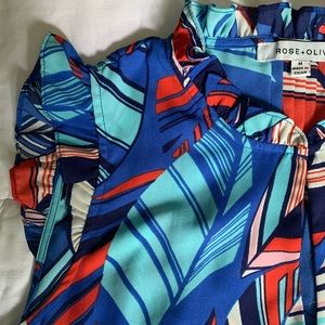 Rose + Olive Blue & Red Printed Feather Blouse